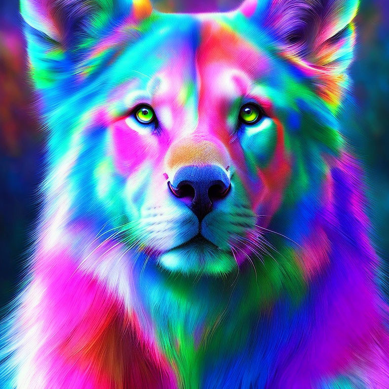 Colorful Lion Face with Rainbow Palette in Purple, Blue, Green, and Pink