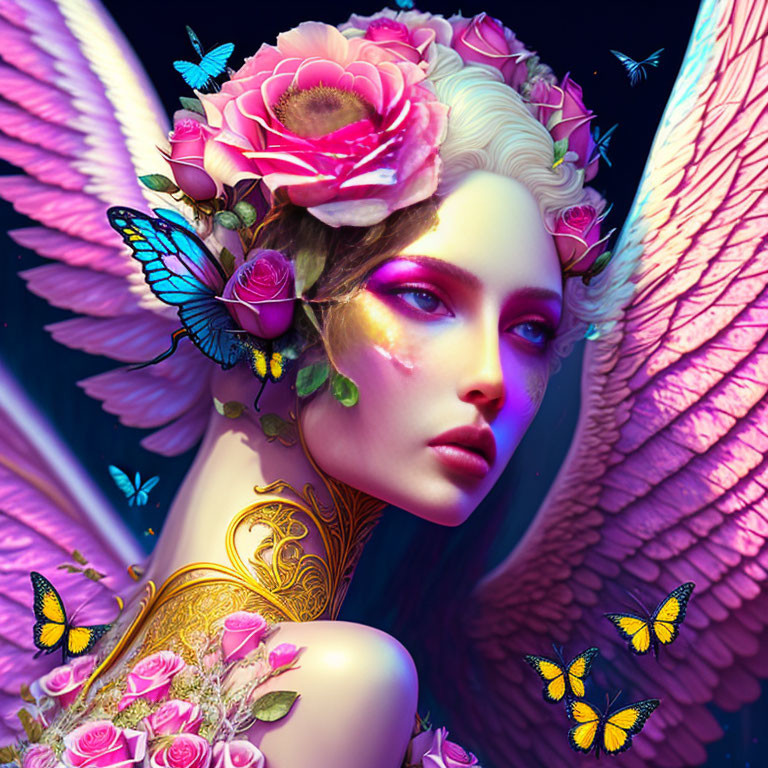 Surreal woman with floral headdress, butterfly accents, angelic wings, and gold tattoos on