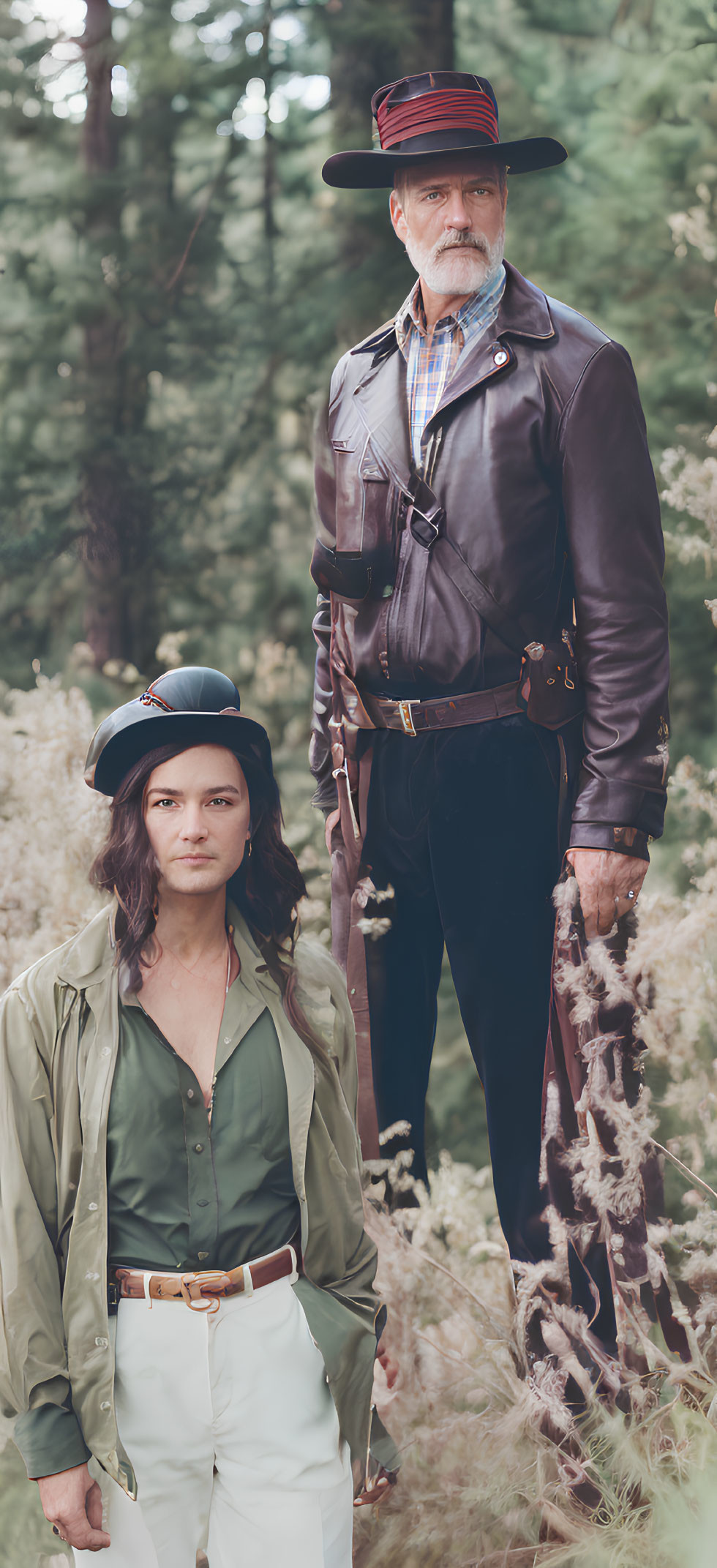 Vintage-inspired attire: Taller person in hat, leather jacket, and belt, shorter individual in green