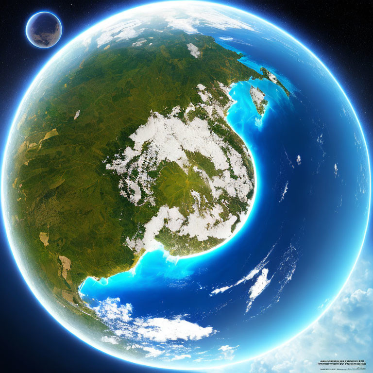 Composite Earth image: vibrant view of continent, green land, white clouds, blue oceans, distant moon