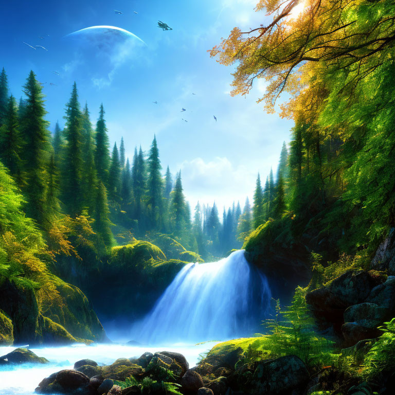 Tranquil waterfall in lush forest under blue sky