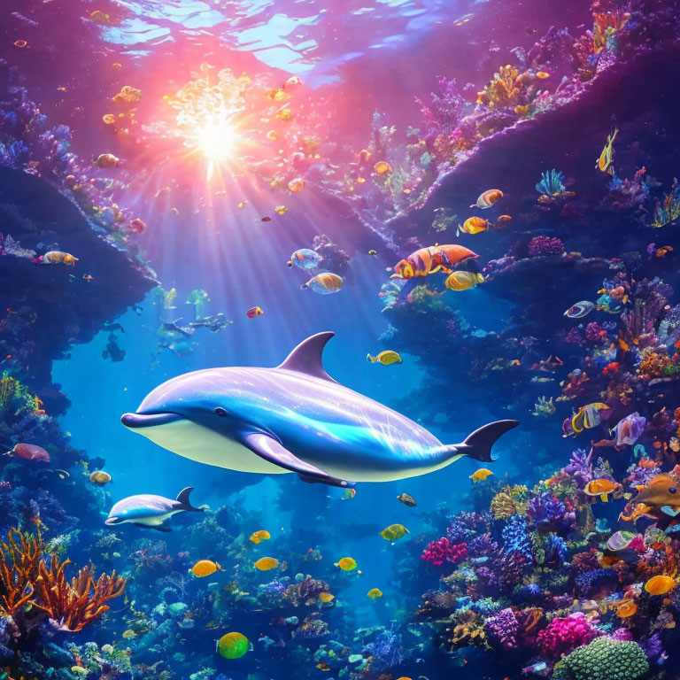 Colorful Underwater Scene with Dolphin, Tropical Fish, and Coral Reefs