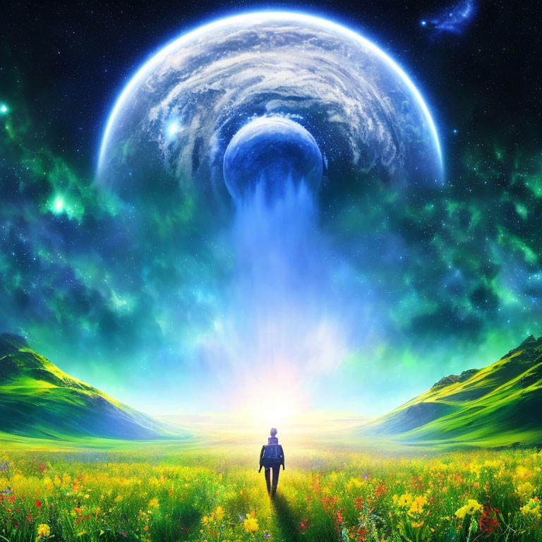 Person in vibrant flower field gazes at surreal planet with waterfalls under starry sky