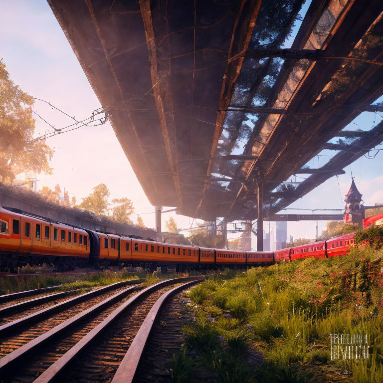 Sunlit train passing under bridge with lush greenery.