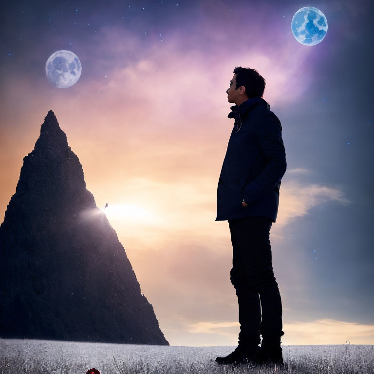 Man in dark coat gazes at surreal sky with two moons over stark mountain at dusk.