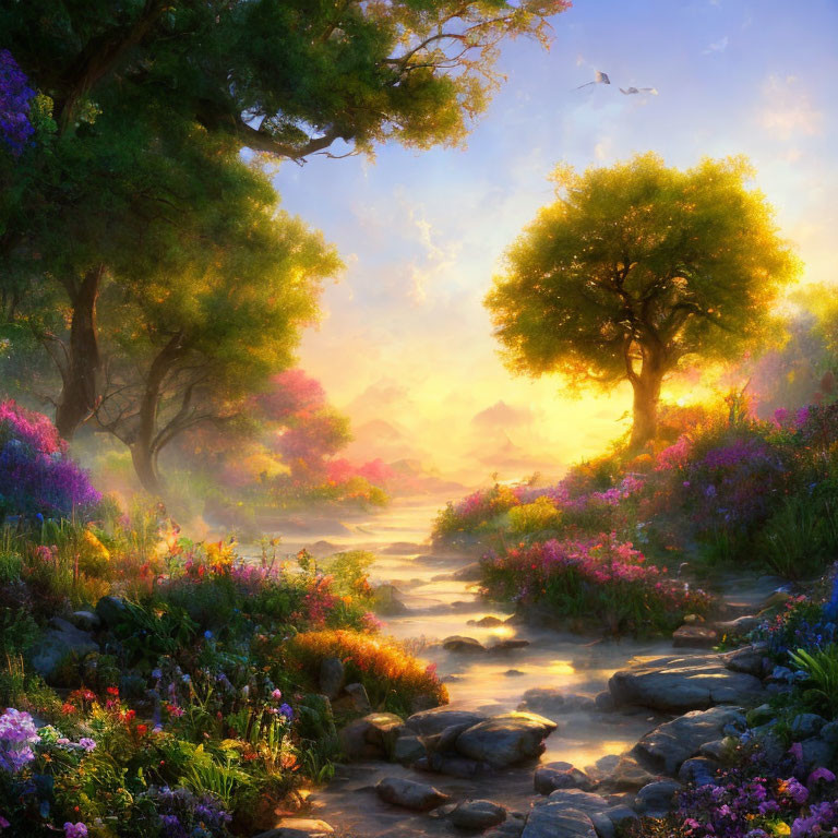 Tranquil Sunrise Landscape with Stream, Flowers, Trees, and Bird