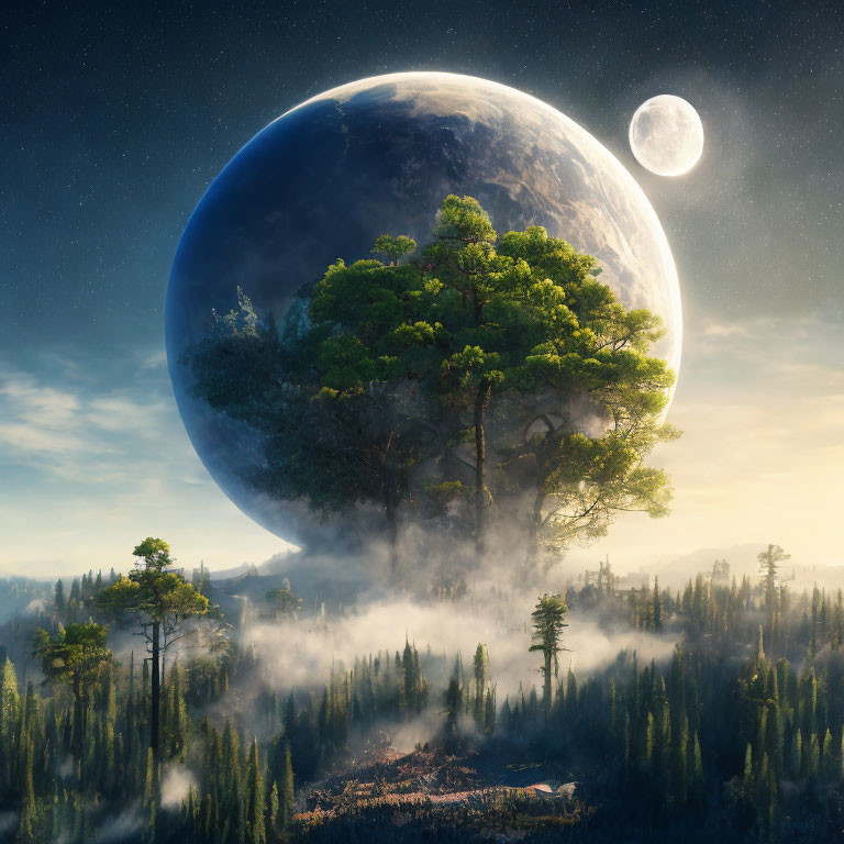 Fantastical landscape with forest, giant planet, moon, and dreamlike dawn