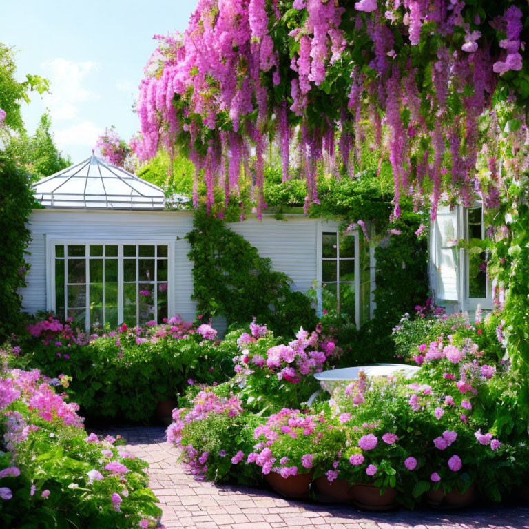 Vibrant pink blooms in lush garden with white greenhouse and wisteria.