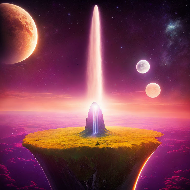 Floating island with waterfall under purple sky and three moons