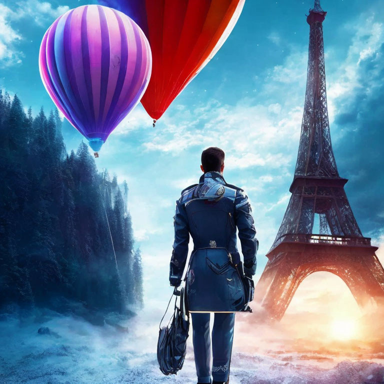 Person admires Eiffel Tower under colorful sky with hot air balloons in misty ambiance