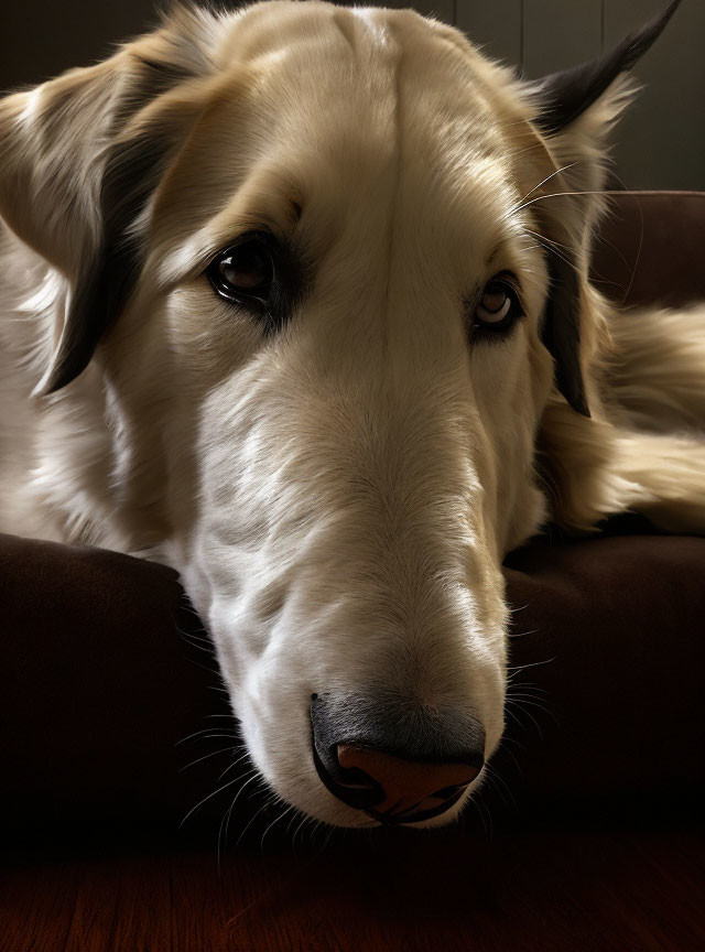 Long-furred dog with dark eyes and black nose in close-up shot