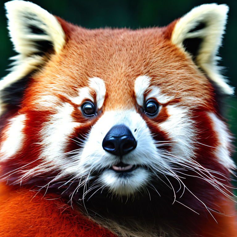 Detailed red panda face with bright eyes and fur texture on green background