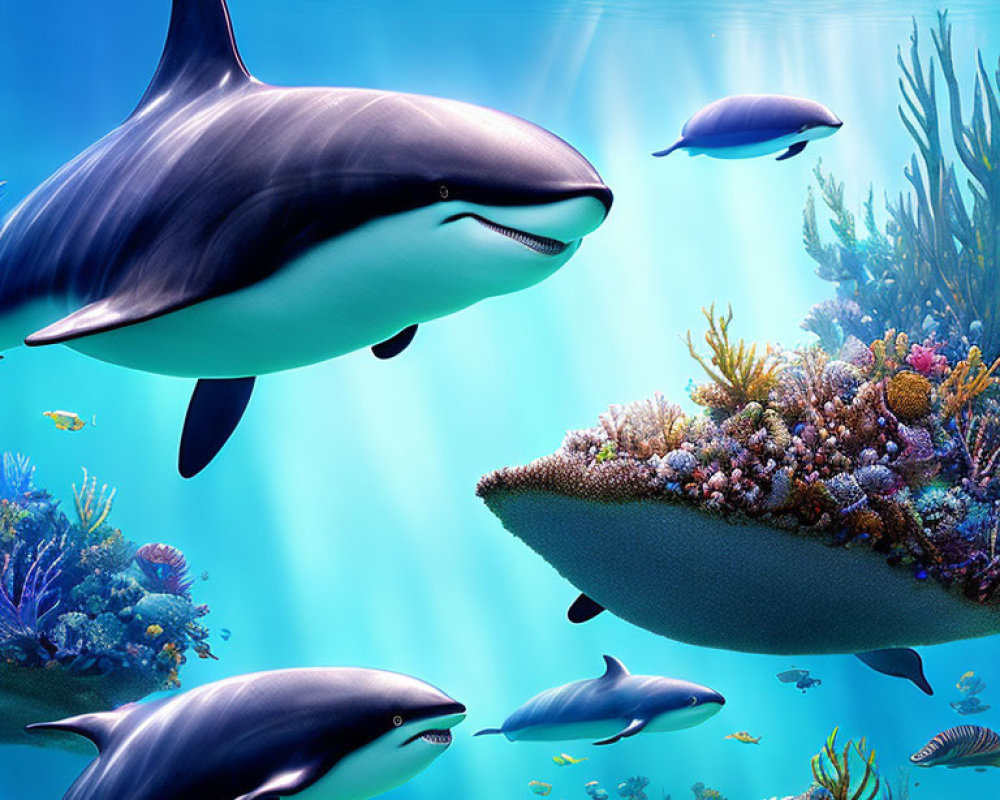 Colorful Coral Reef Scene with Dolphins Swimming in Vibrant Underwater Setting