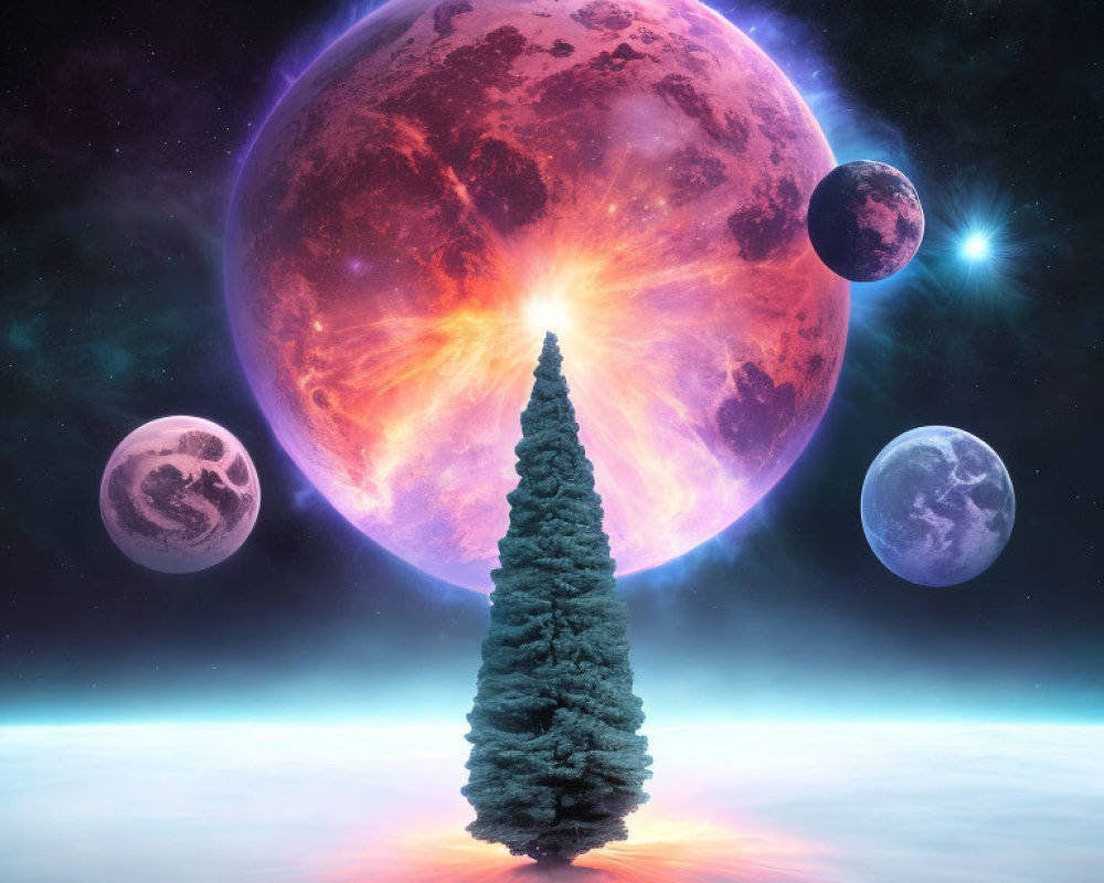 Solitary tree against cosmic backdrop with red planet and moons