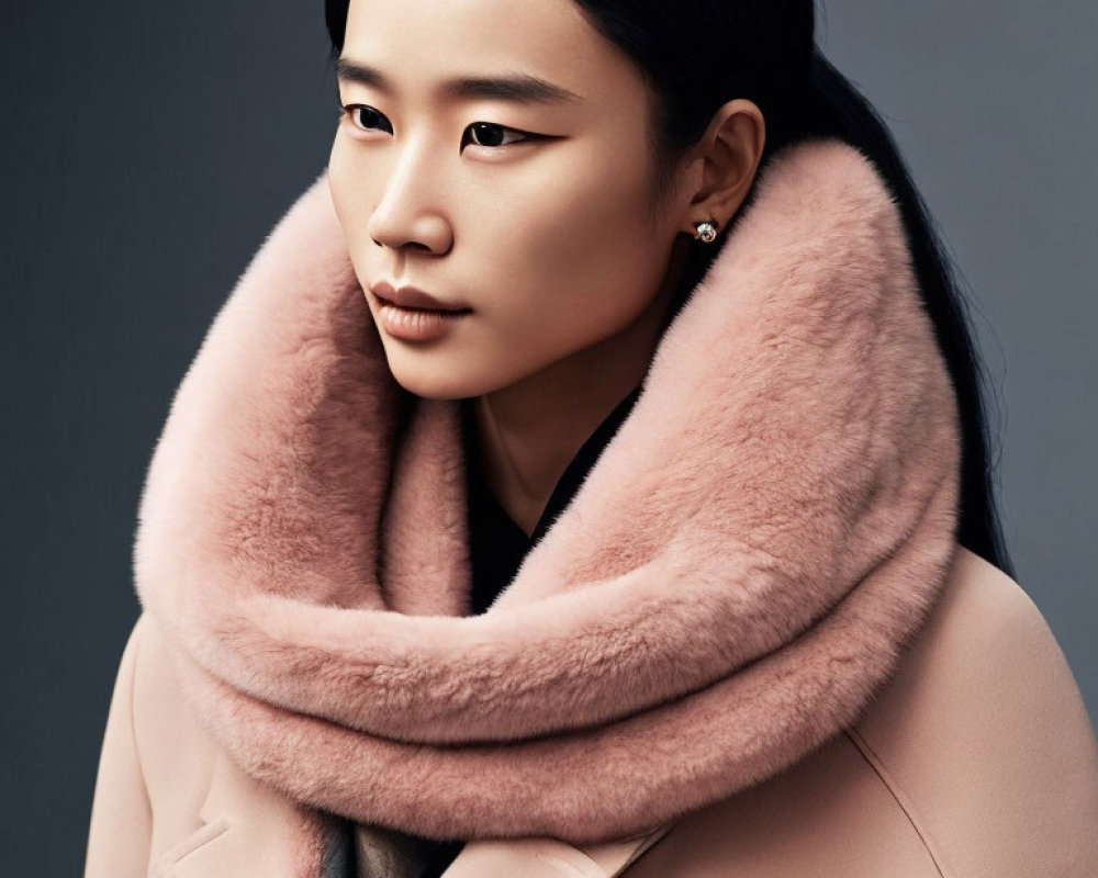 Woman in pale pink fur collar and coat, dark hair, subtle makeup, gazing against grey backdrop