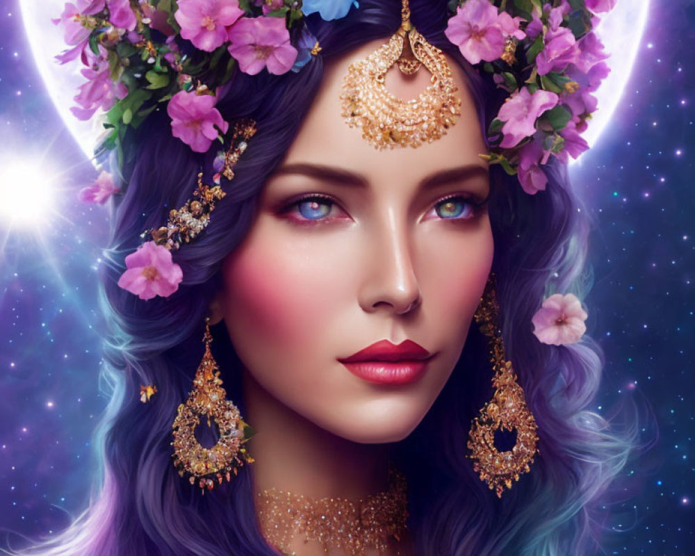 Illustration: Woman with Blue and Purple Hair, Floral Crown, and Golden Jewelry