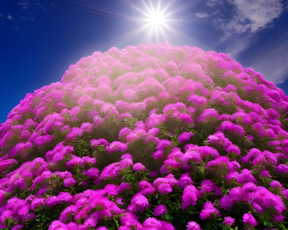 Bright pink blossoms on sunlit hill under fluffy clouds in blue sky