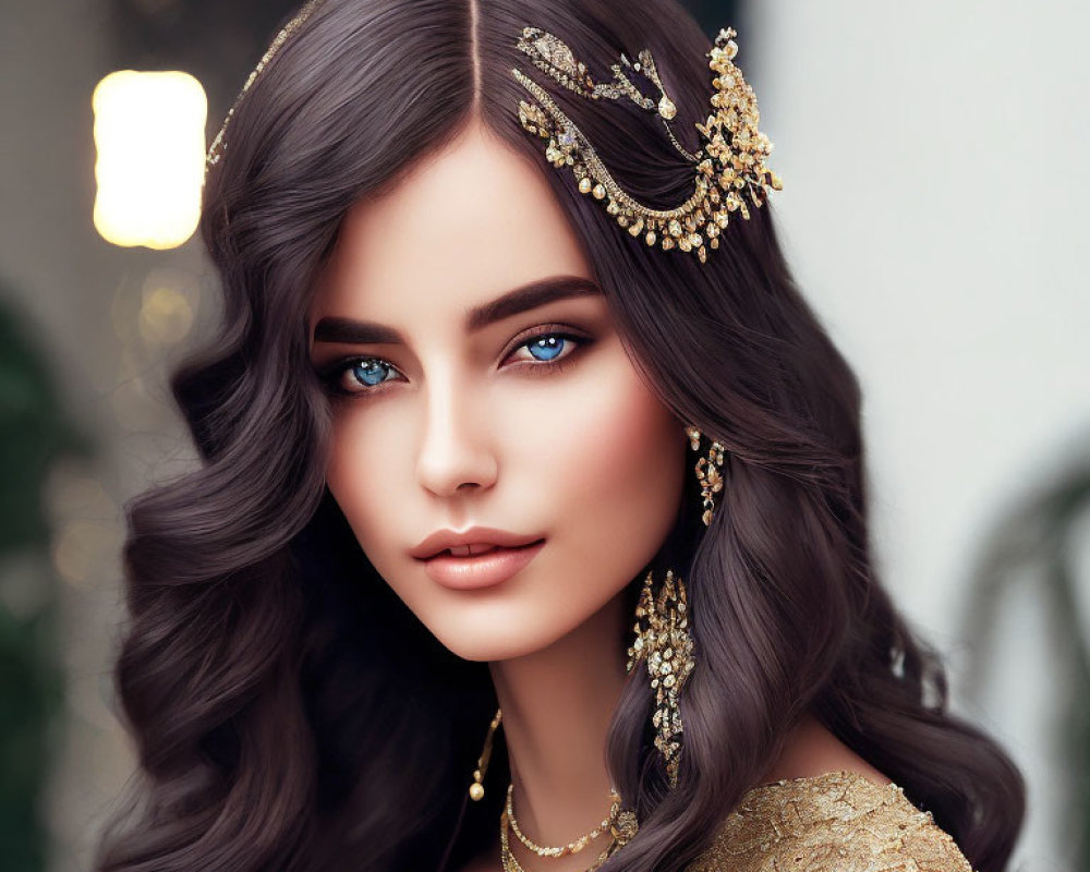 Woman with Blue Eyes and Wavy Brown Hair in Gold Outfit