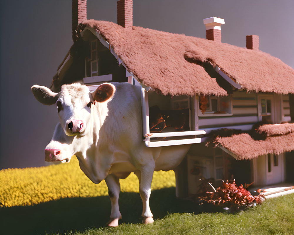 Cow with house body in yard at dusk: whimsical and unique image