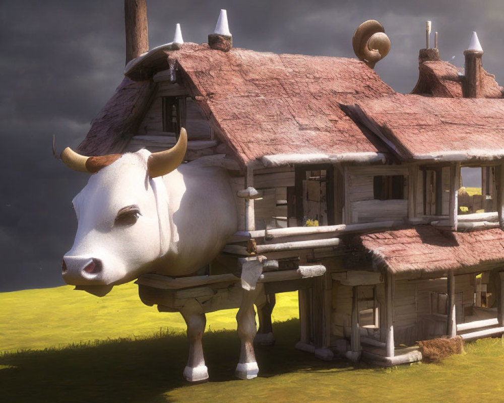 Whimsical house with thatched roof on gentle white cow in grassy field