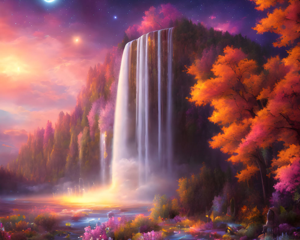 Majestic nighttime landscape with towering waterfall and autumn trees