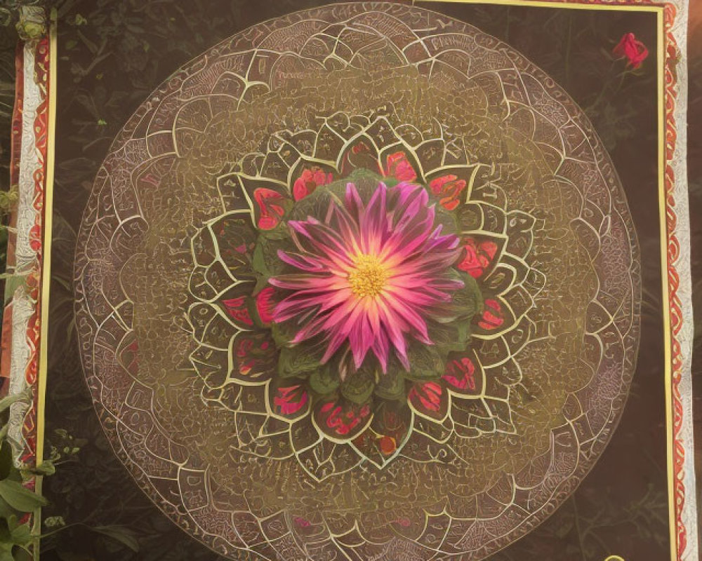 Colorful mandala design with pink flower on wooden surface surrounded by plants.