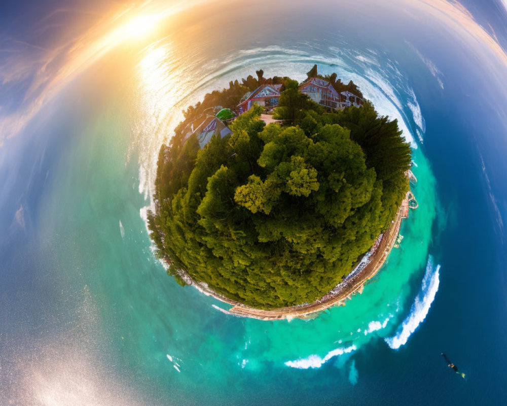 Circular Island with Dense Trees, Buildings, Blue Sea, and Sunset Sky