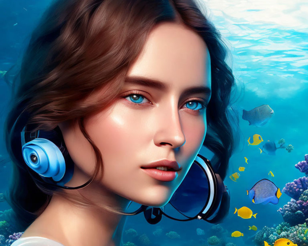 Woman with Blue Eyes and Headphones in Underwater Scene with Fish and Coral