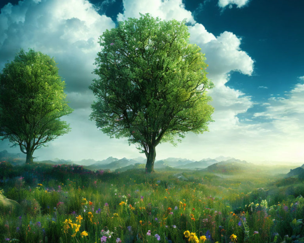 Tranquil landscape with lone tree, wildflowers, fluffy clouds