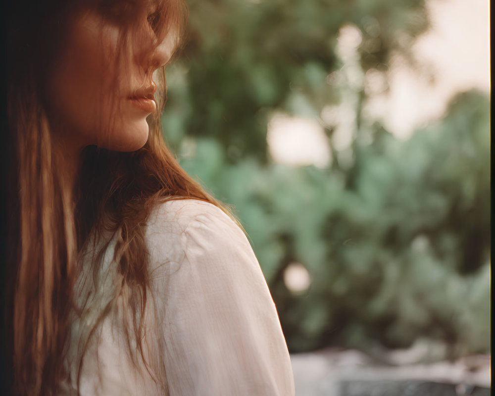 Long-haired person in soft focus against blurred background, pensive mood.