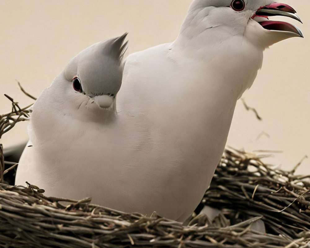 White doves in nest with one vocalizing