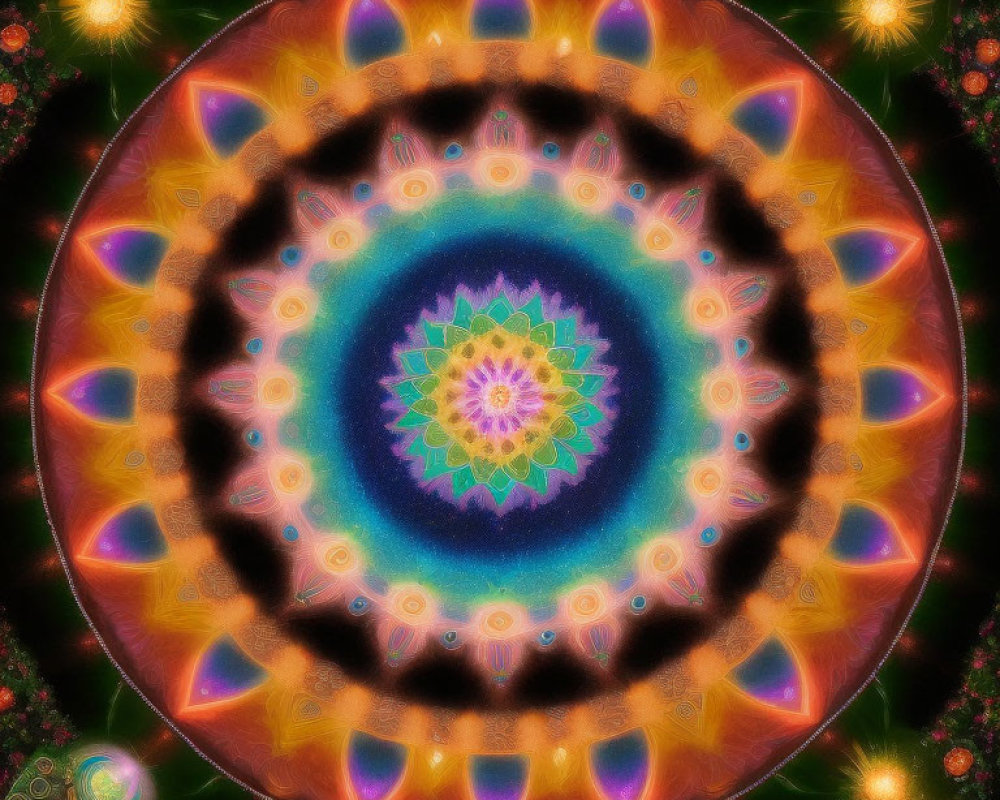 Colorful Symmetrical Mandala with Star and Floral Motifs