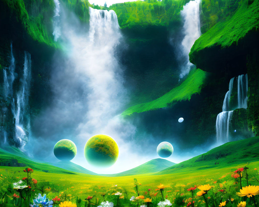 Majestic waterfall in surreal landscape with floating spheres