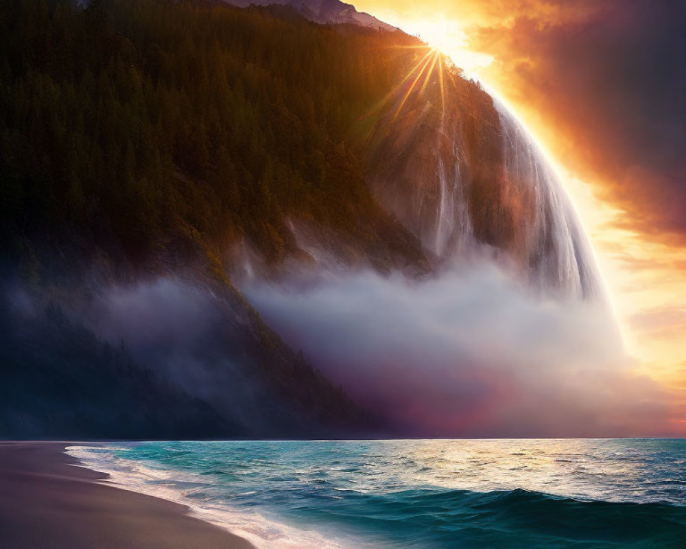 Majestic waterfall cascading into the sea at sunset