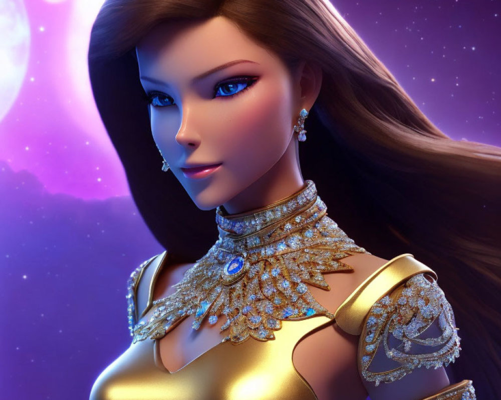 3D-rendered female character with long brown hair and blue eyes in golden jewelry on cosmic backdrop