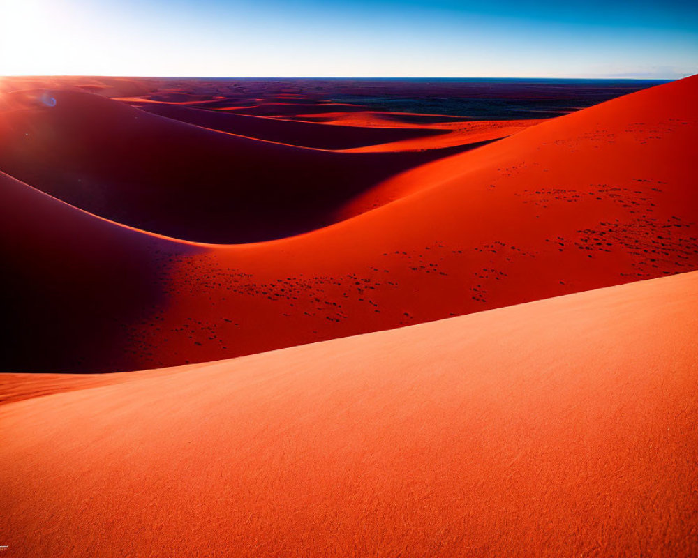 Orange-Red Sand Dunes Under Blue Sky and Glaring Sun