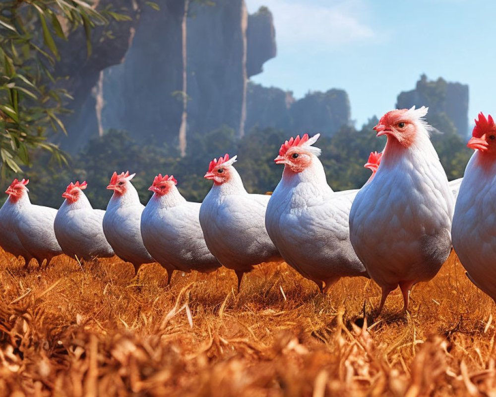 White chickens with red combs in row on farm with rock formations under clear sky