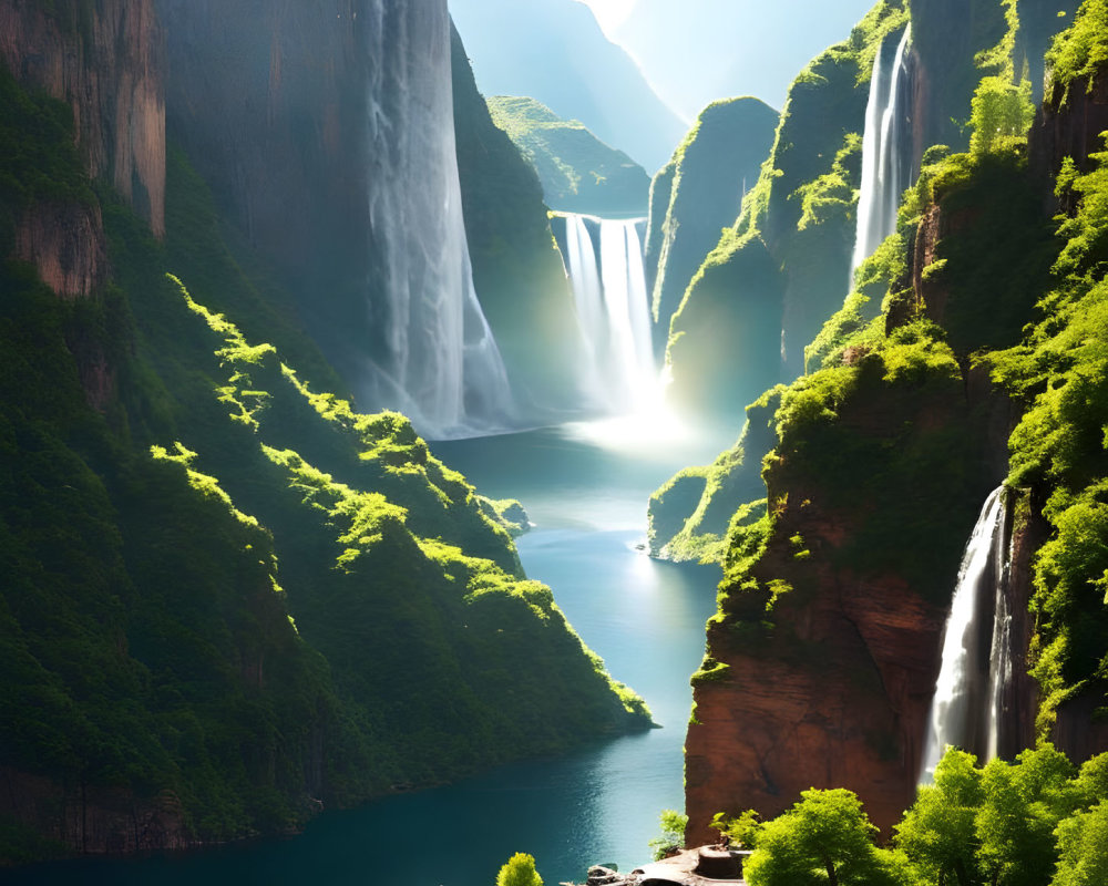 Landscape of canyon with waterfalls, greenery, and river under sunlight