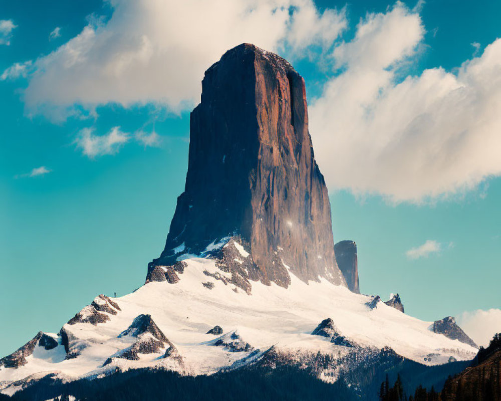 Snowy Mountain Peak Against Blue Sky and Clouds