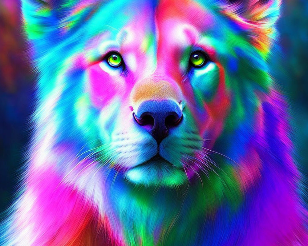 Colorful Lion Face with Rainbow Palette in Purple, Blue, Green, and Pink