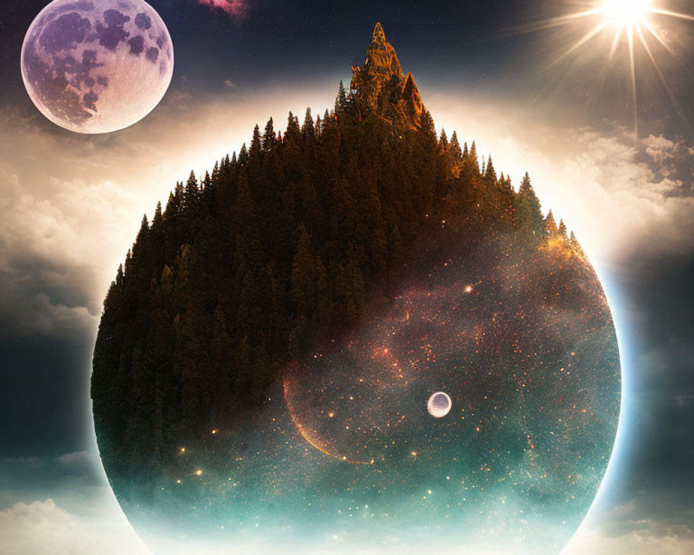 Forest-covered floating island against cosmic backdrop with moon, sun, and stars