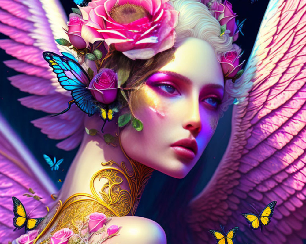 Surreal woman with floral headdress, butterfly accents, angelic wings, and gold tattoos on