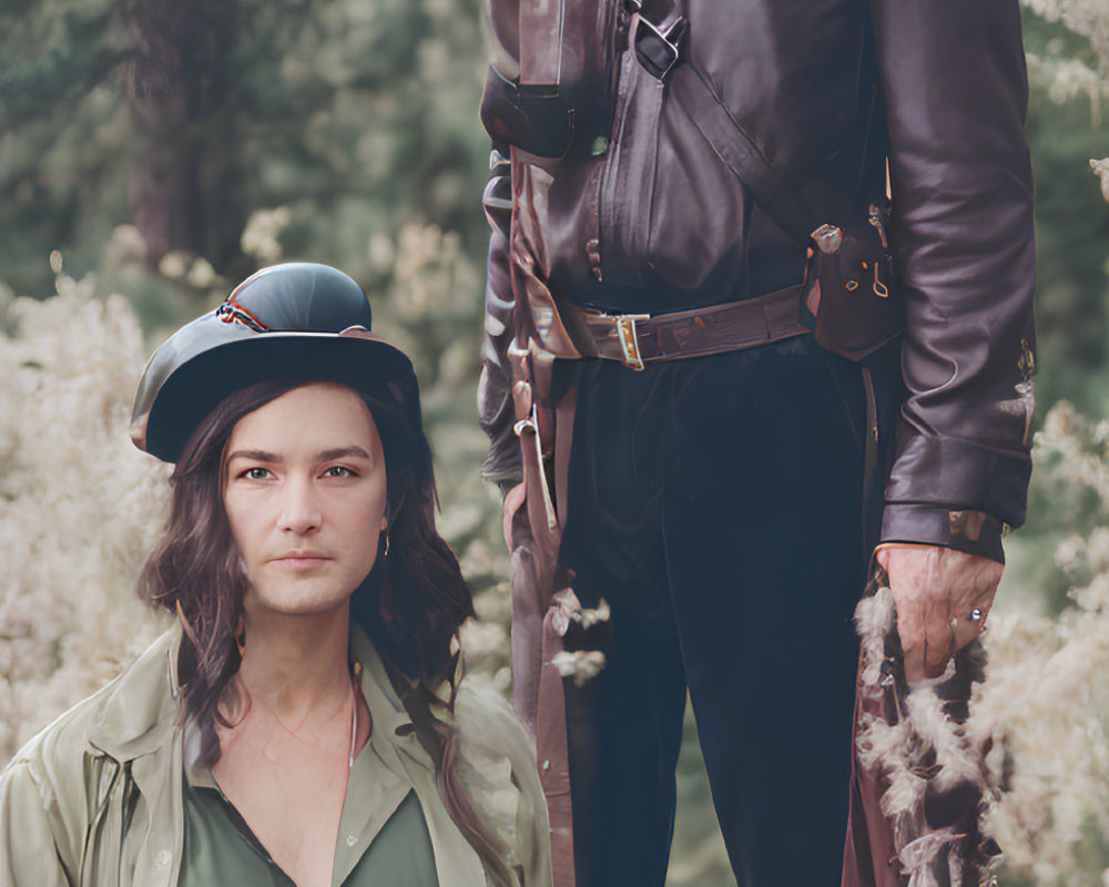 Vintage-inspired attire: Taller person in hat, leather jacket, and belt, shorter individual in green