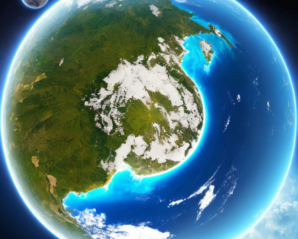 Composite Earth image: vibrant view of continent, green land, white clouds, blue oceans, distant moon