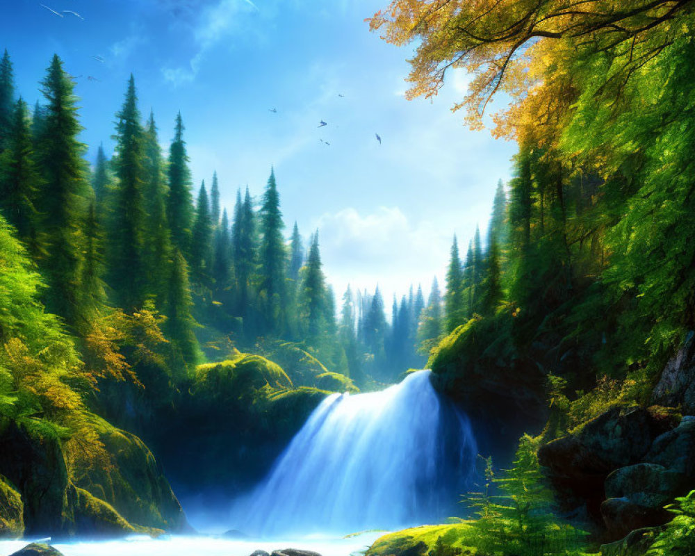 Tranquil waterfall in lush forest under blue sky