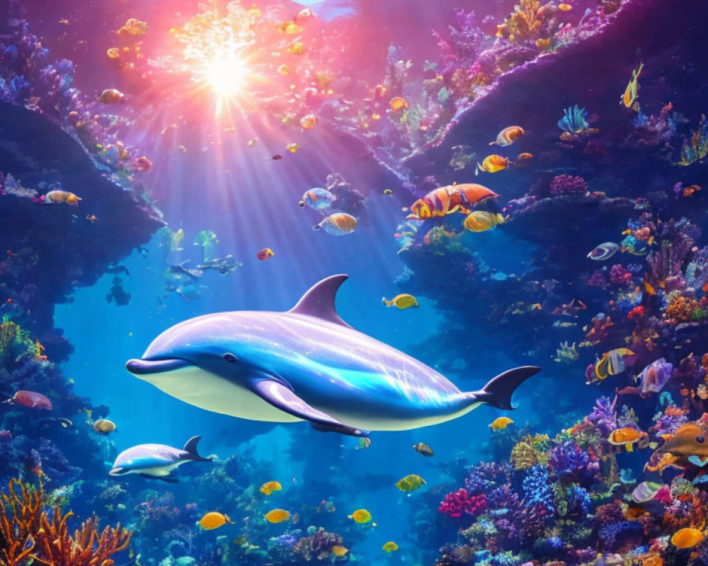 Colorful Underwater Scene with Dolphin, Tropical Fish, and Coral Reefs