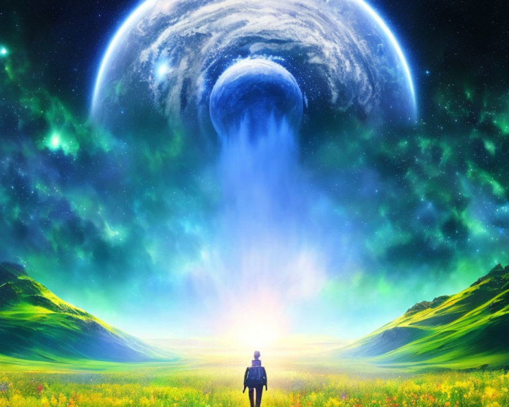 Person in vibrant flower field gazes at surreal planet with waterfalls under starry sky