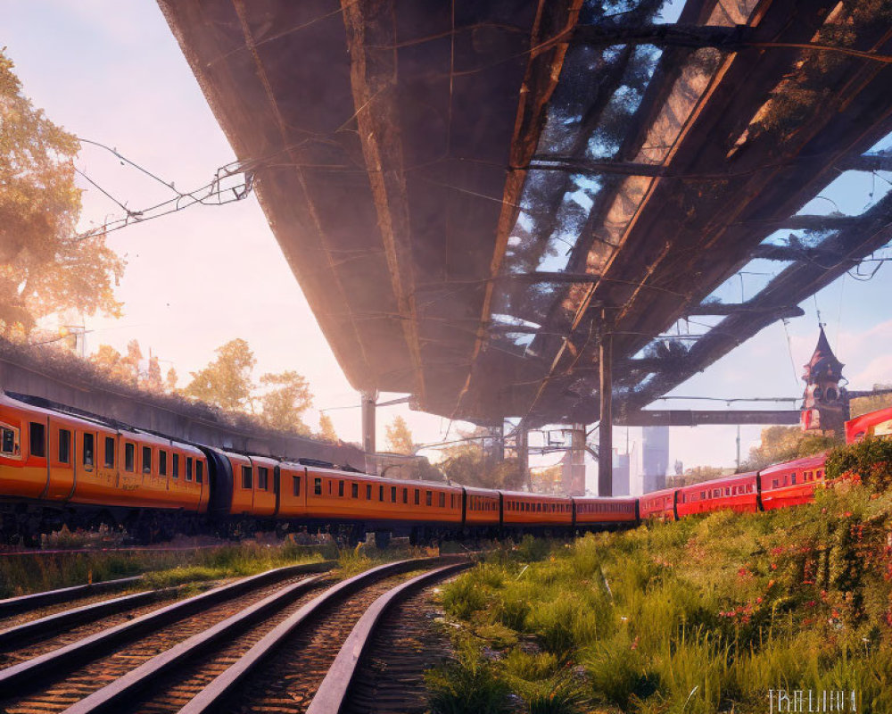 Sunlit train passing under bridge with lush greenery.