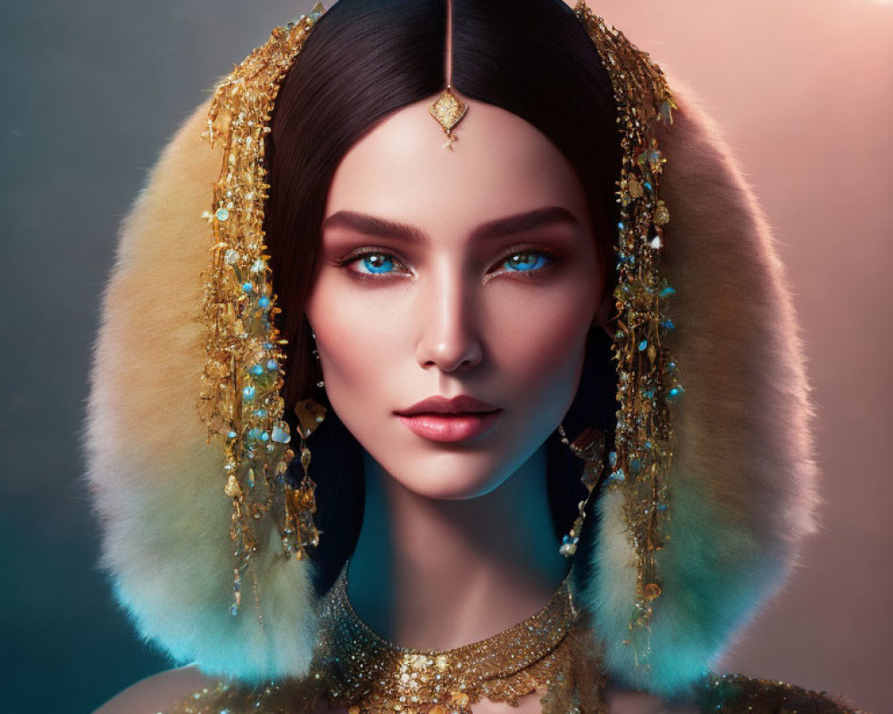 Portrait of woman with blue eyes, golden jewelry, fur cloak