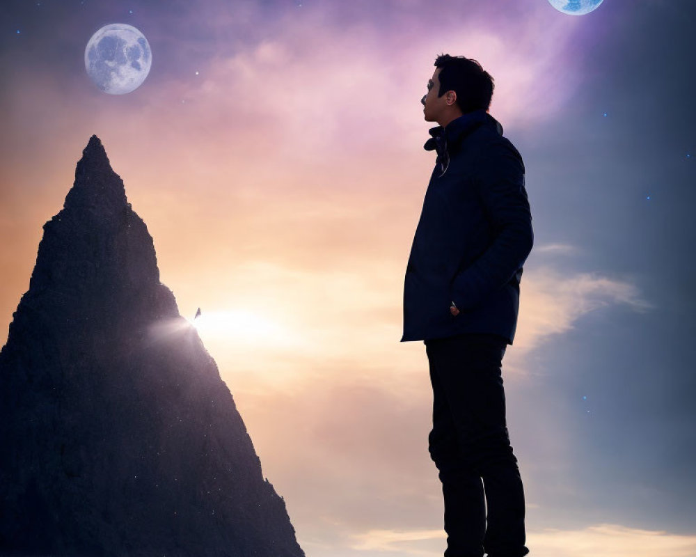 Man in dark coat gazes at surreal sky with two moons over stark mountain at dusk.